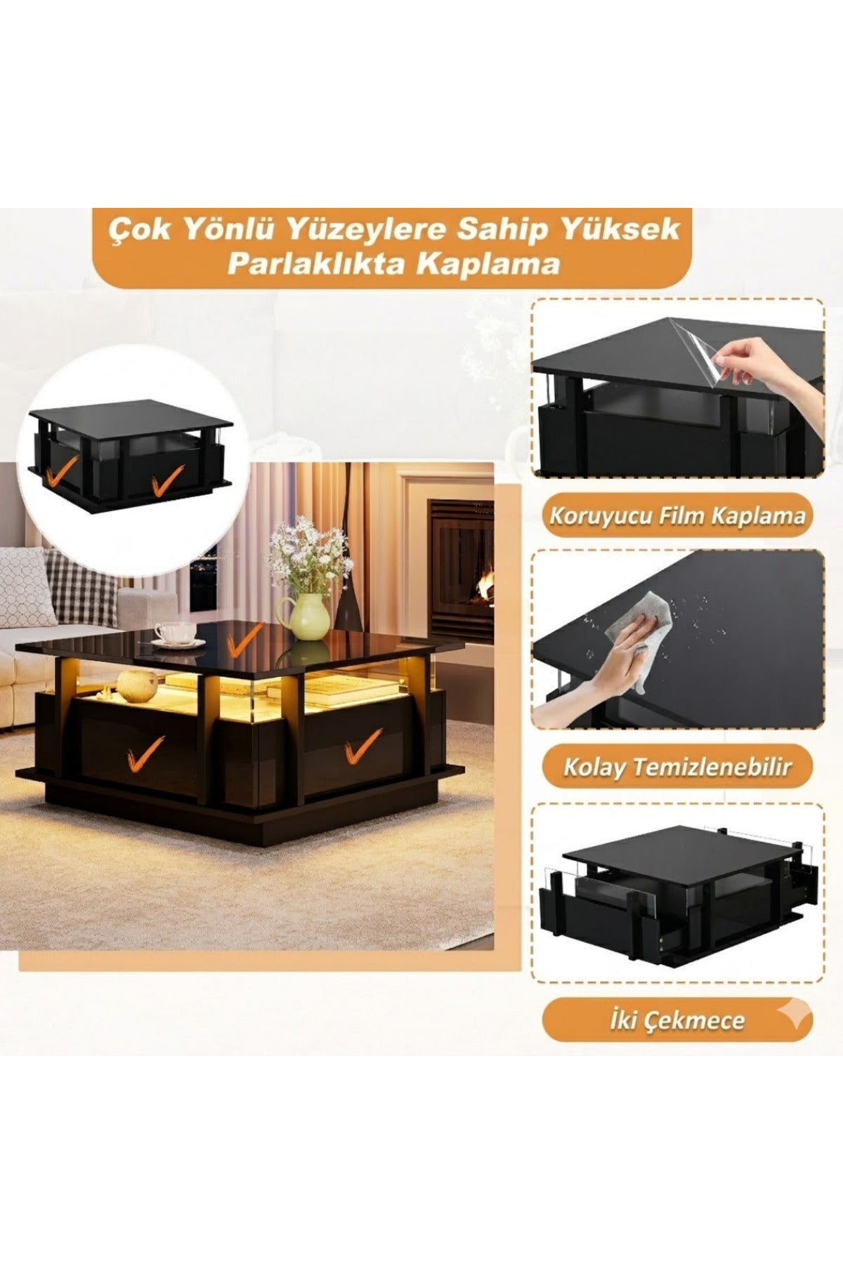 Hernest MODERN KARE ÇEKMECELİ ORTA SEHPA