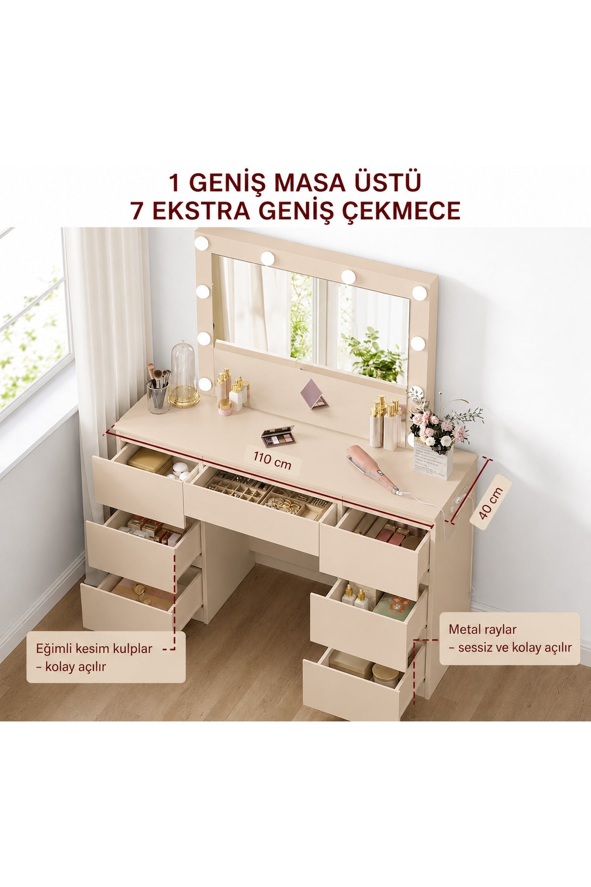 LED Işıklı Makyaj Masası Aynalı Şifonyer 7 Çekmeceli Modern Vanity Masa 110x40 cm