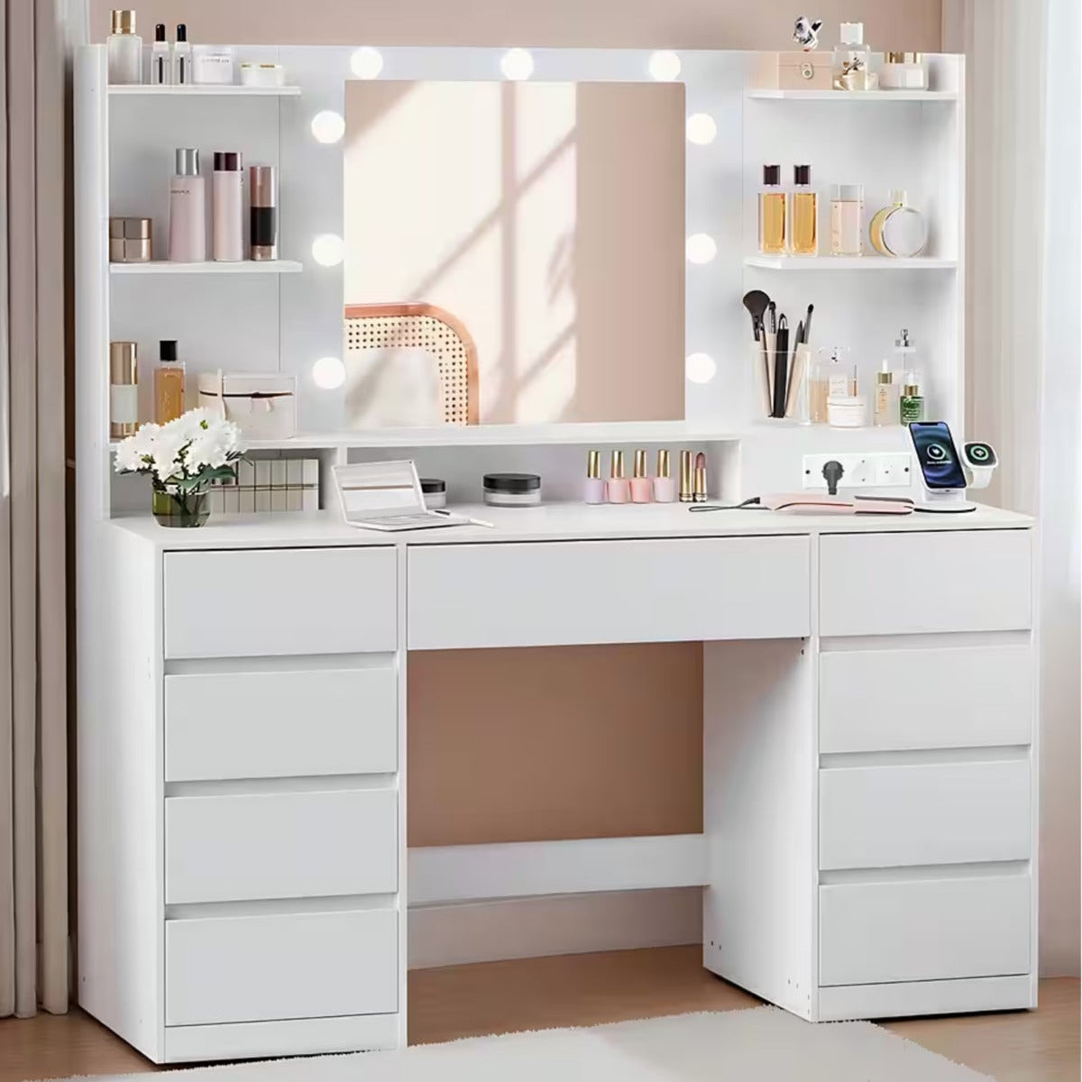 Hernest LED Işıklı Aynalı Makyaj Masası 9 Çekmeceli Raflı Şifonyer Modern Vanity Masa Bej 107x40 cm