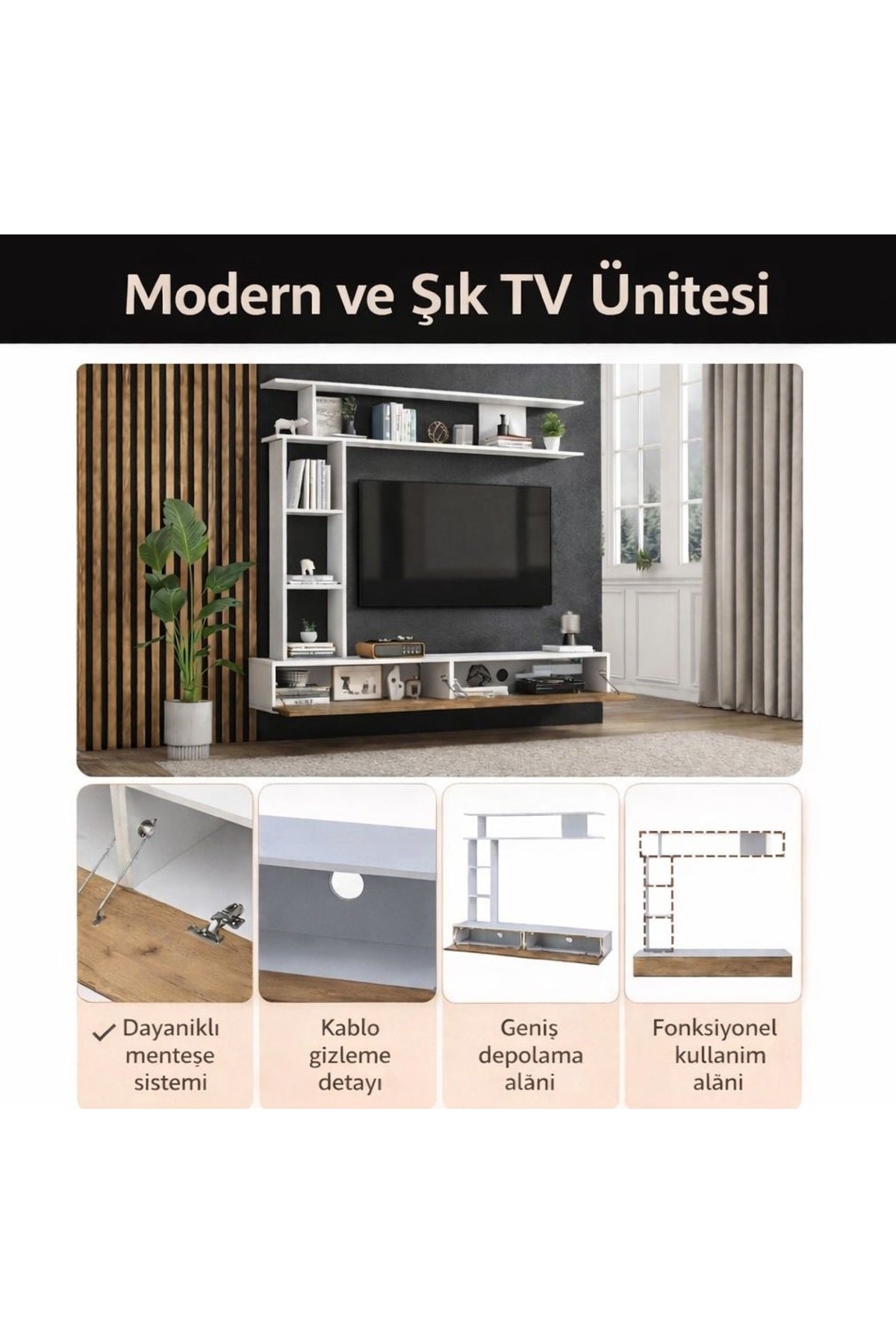 Hernest A SINIFI 1. KALİTE MODERN TV ÜNİTESİ DUVAR RAFLI KİTAPLIKLI GENİŞ DEPOLAMA ALANLI