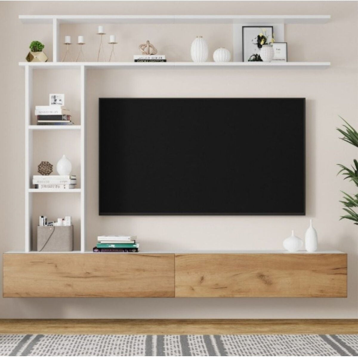 Hernest A SINIFI 1. KALİTE MODERN TV ÜNİTESİ DUVAR RAFLI KİTAPLIKLI GENİŞ DEPOLAMA ALANLI
