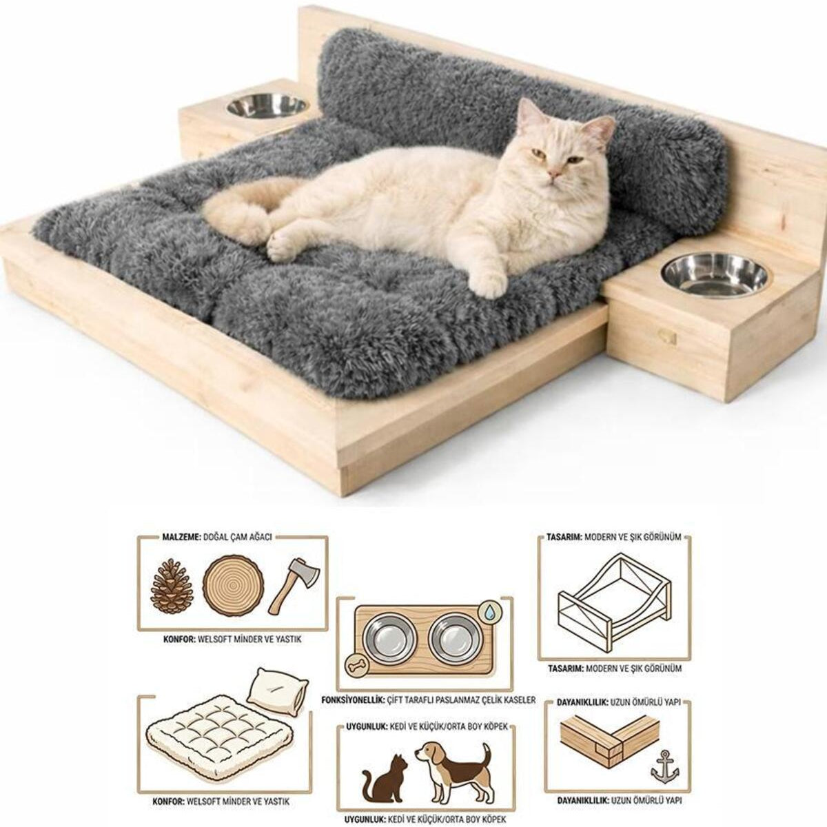 KEDİ YATAĞI MAMA VE SU KABI