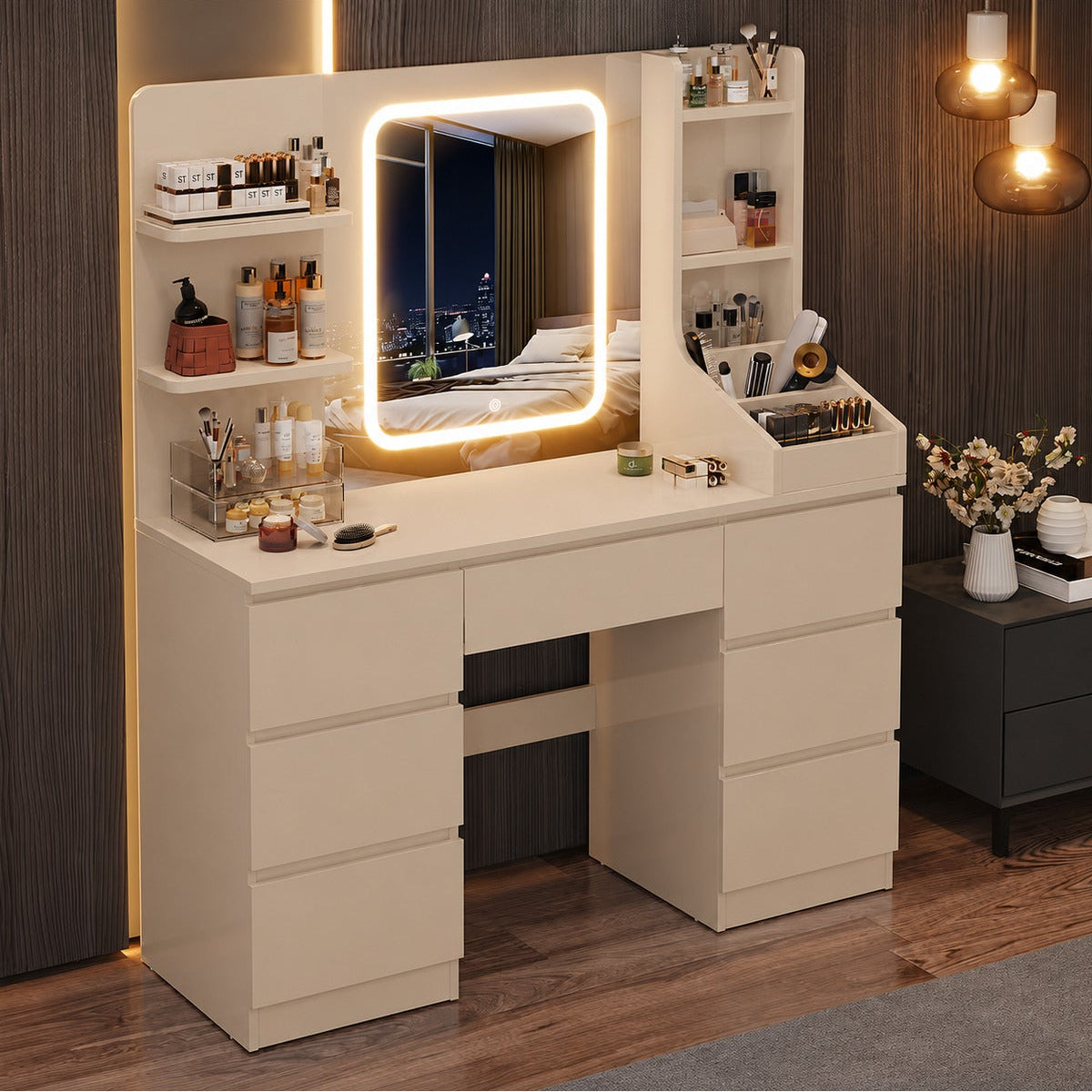 Hernest Bej LED Aynalı Makyaj Masası 110 cm – 7 Çekmeceli, Raflı ve Geniş Depolamalı Şifonyer