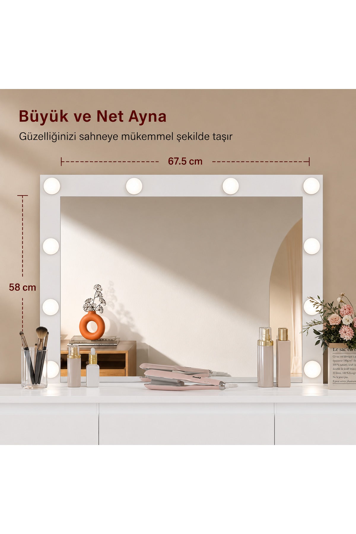 LED Işıklı Makyaj Masası Aynalı Şifonyer 7 Çekmeceli Modern Vanity Masa 110x40 cm