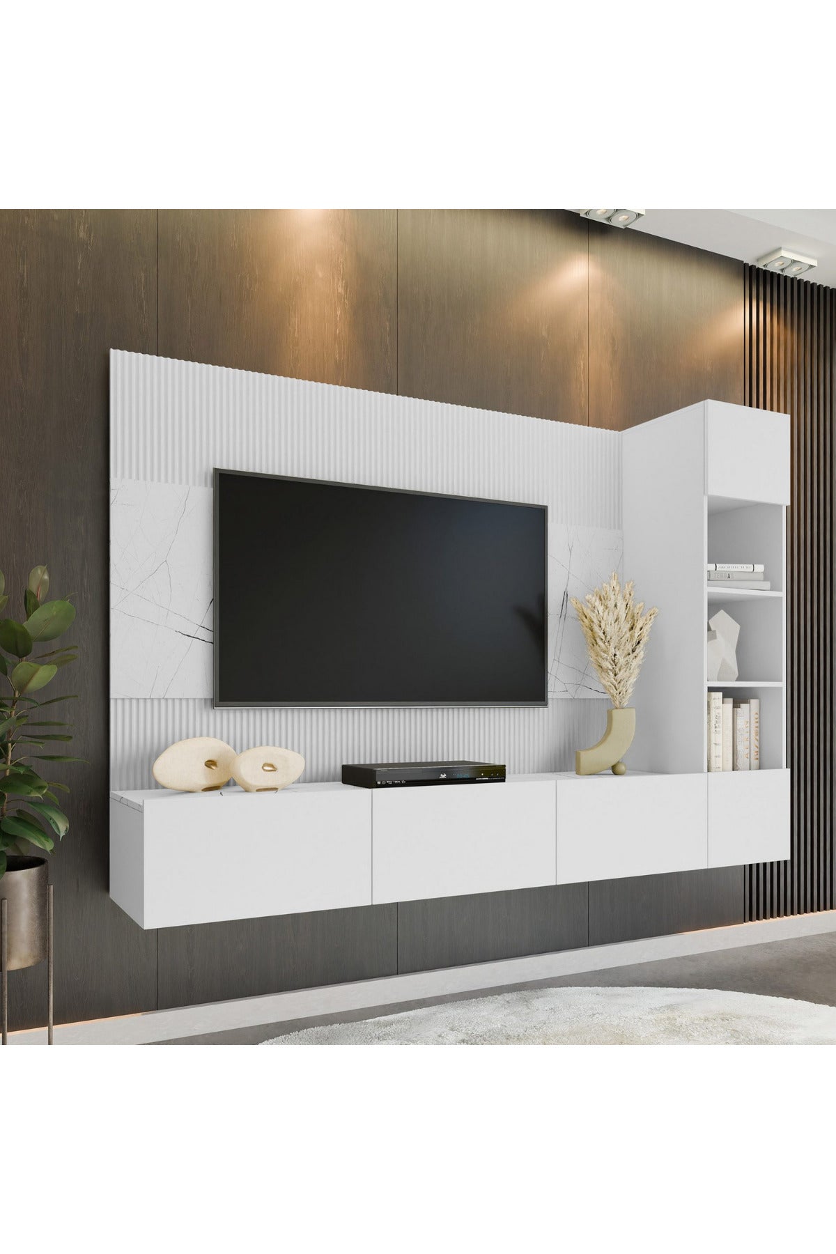 Hernest A KALİTE 220 CM MODERN TV ÜNİTESİ BEYAZ MERMER DESEN PUSH TO OPEN DUVAR RAFLI ŞIK TASARIM