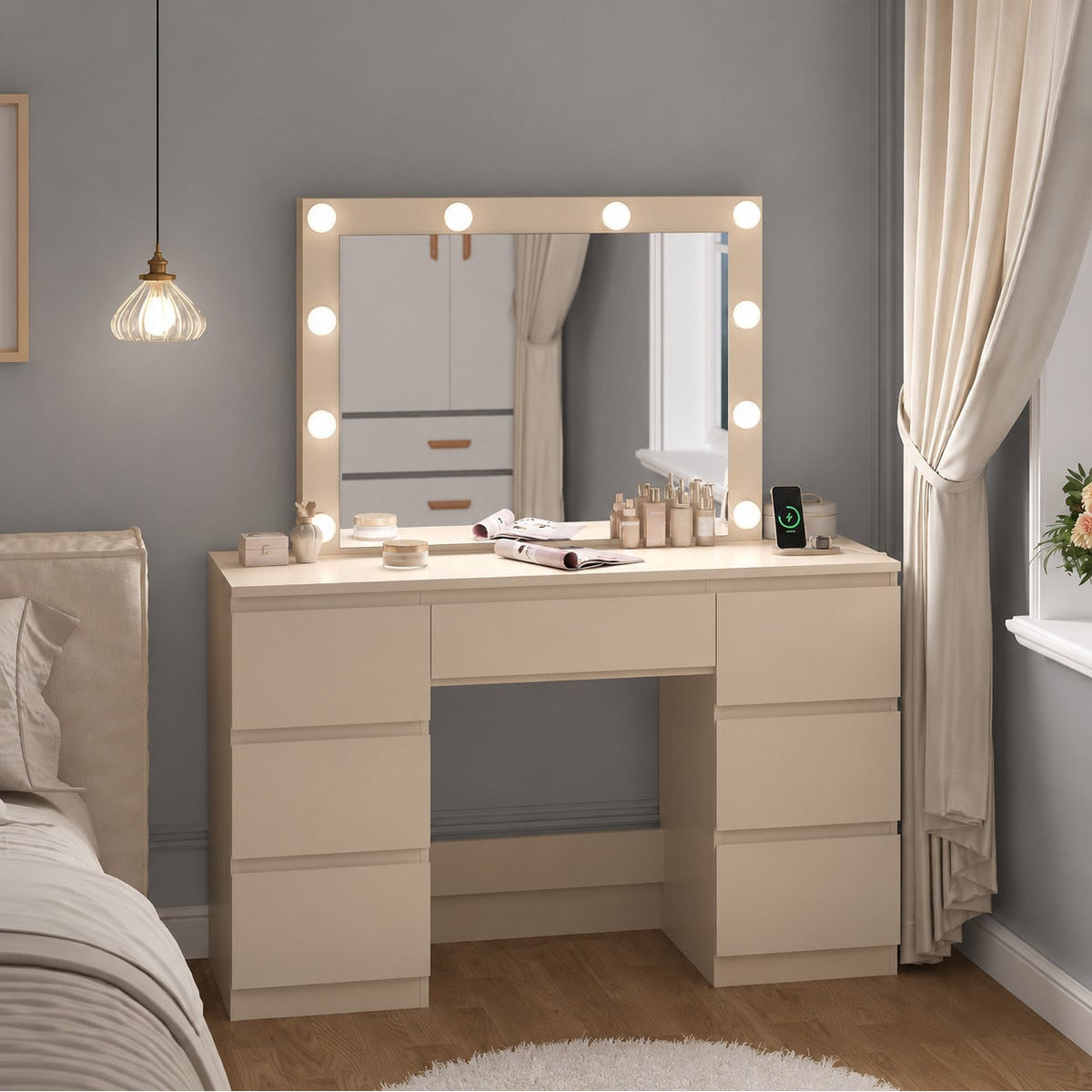 LED Işıklı Makyaj Masası Aynalı Şifonyer 7 Çekmeceli Modern Vanity Masa 110x40 cm - Bej