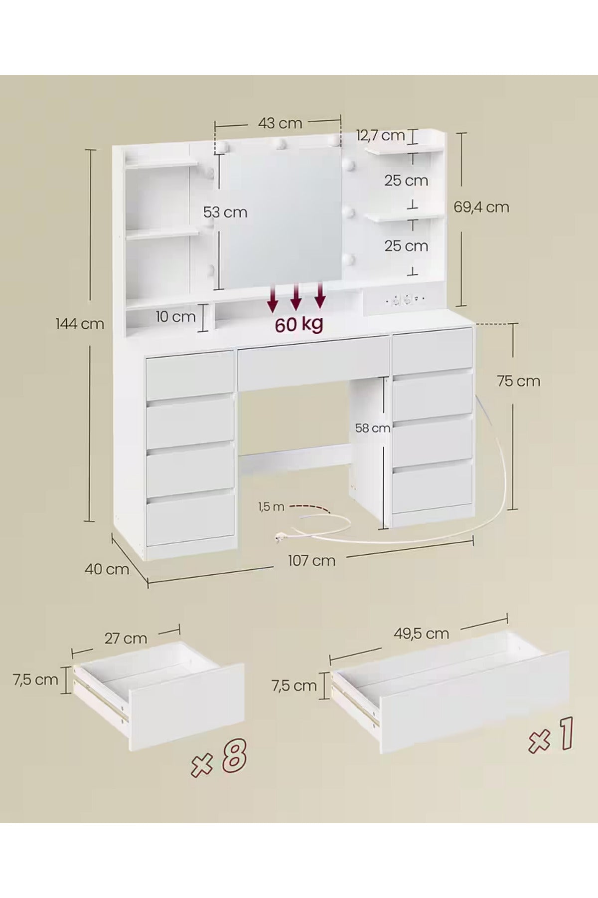 Hernest LED Işıklı Aynalı Makyaj Masası 9 Çekmeceli Raflı Şifonyer Modern Vanity Masa Bej 107x40 cm