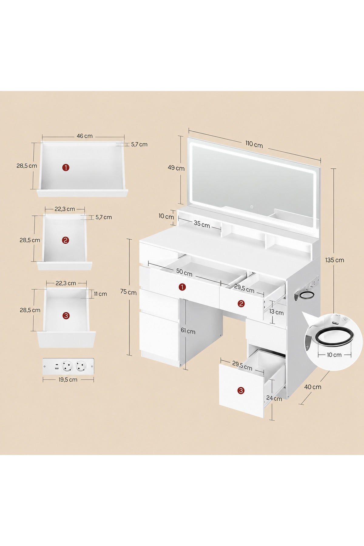 Hernest LED Işıklı Makyaj Masası Aynalı Şifonyer | 9 Çekmeceli Geniş Depolama Alanlı Modern Vanity Masa Bej 110x40x135 cm