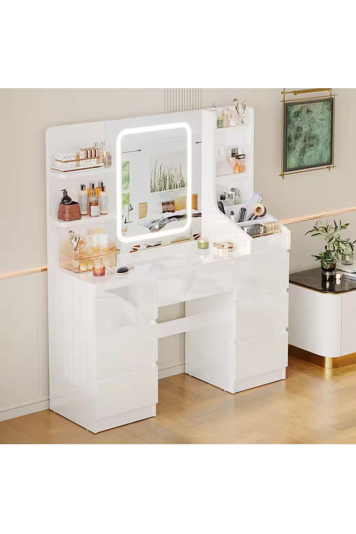 Hernest Bej LED Aynalı Makyaj Masası 110 cm – 7 Çekmeceli, Raflı ve Geniş Depolamalı Şifonyer