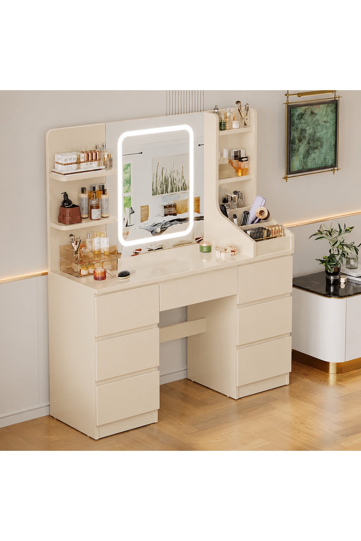 Hernest Bej LED Aynalı Makyaj Masası 110 cm – 7 Çekmeceli, Raflı ve Geniş Depolamalı Şifonyer