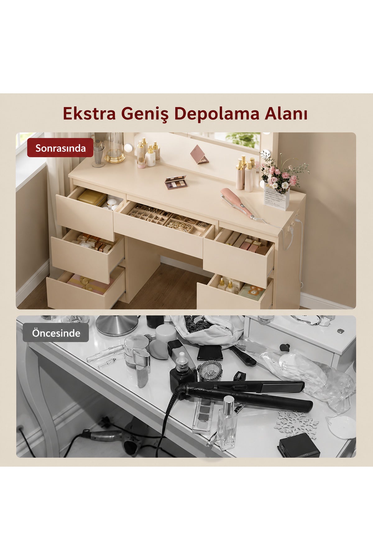 LED Işıklı Makyaj Masası Aynalı Şifonyer 7 Çekmeceli Modern Vanity Masa 110x40 cm