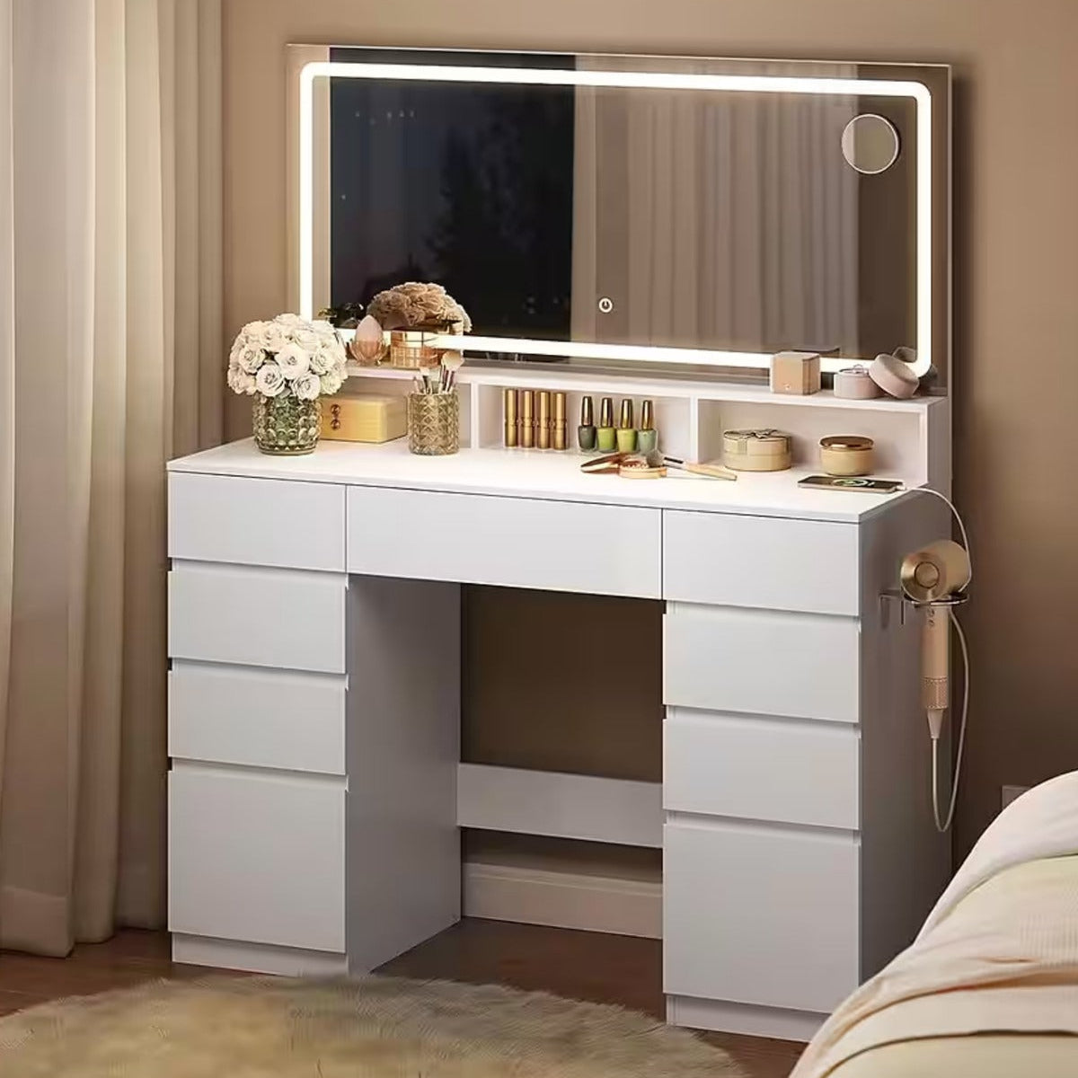 Hernest LED Işıklı Makyaj Masası Aynalı Şifonyer | 9 Çekmeceli Geniş Depolama Alanlı Modern Vanity Masa Bej 110x40x135 cm