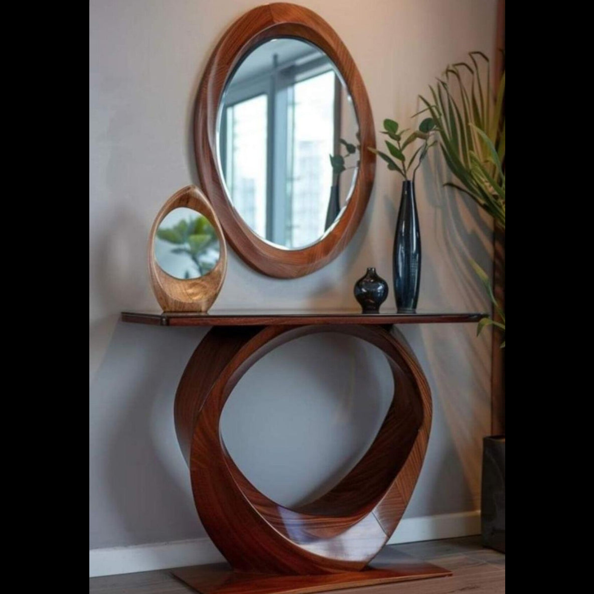 Hernest MODERN OVAL DETAYLI CEVİZ KONSOL VE AYNALI DRESUAR TAKIMI