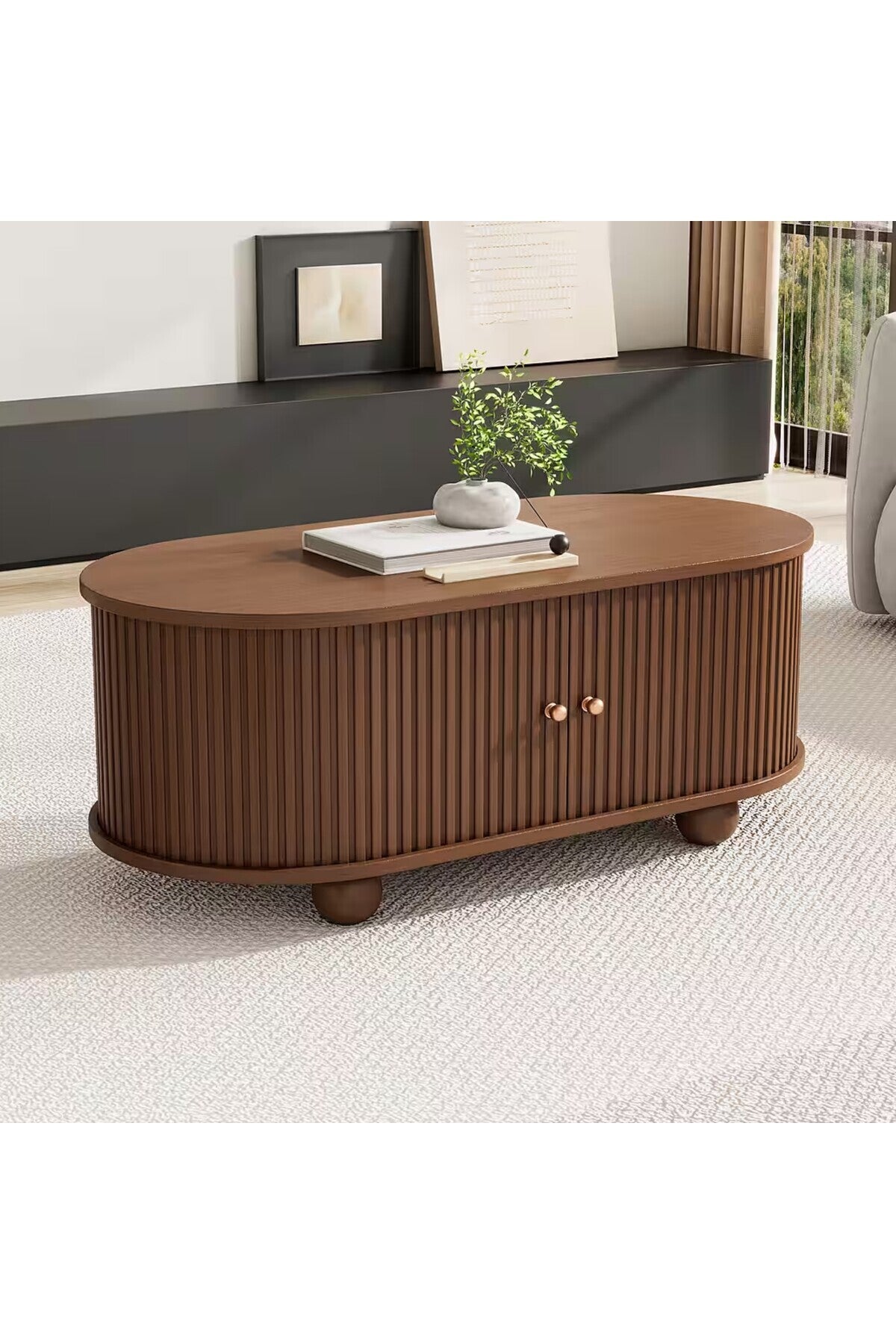 MODERN CEVİZ LAMBRI DETAYLI OVAL ORTA SEHPA VE TV ÜNİTESİ SETİ
