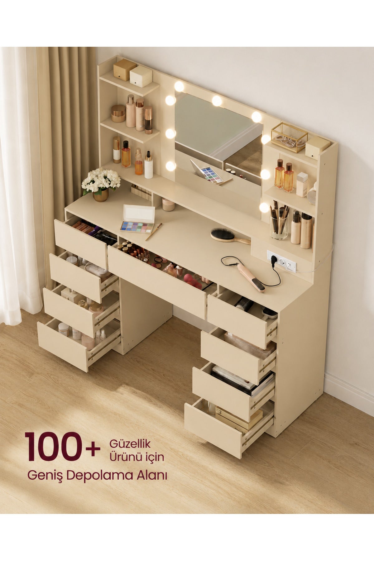 Hernest LED Işıklı Aynalı Makyaj Masası 9 Çekmeceli Raflı Şifonyer Modern Vanity Masa Bej 107x40 cm