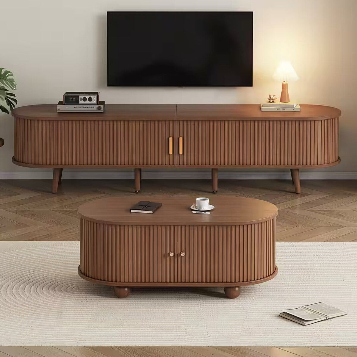 MODERN CEVİZ LAMBRI DETAYLI OVAL ORTA SEHPA VE TV ÜNİTESİ SETİ