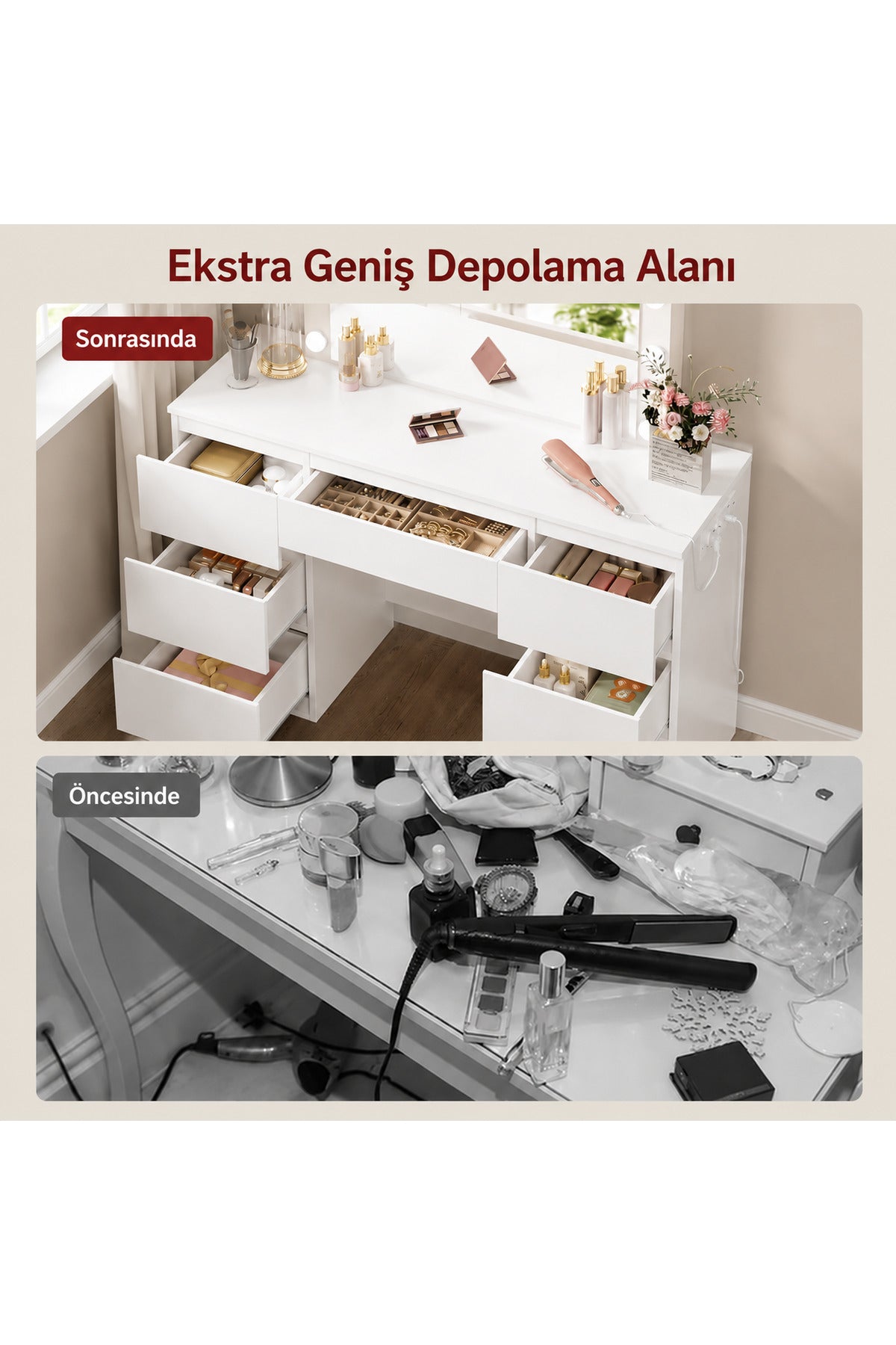 LED Işıklı Makyaj Masası Aynalı Şifonyer 7 Çekmeceli Modern Vanity Masa 110x40 cm