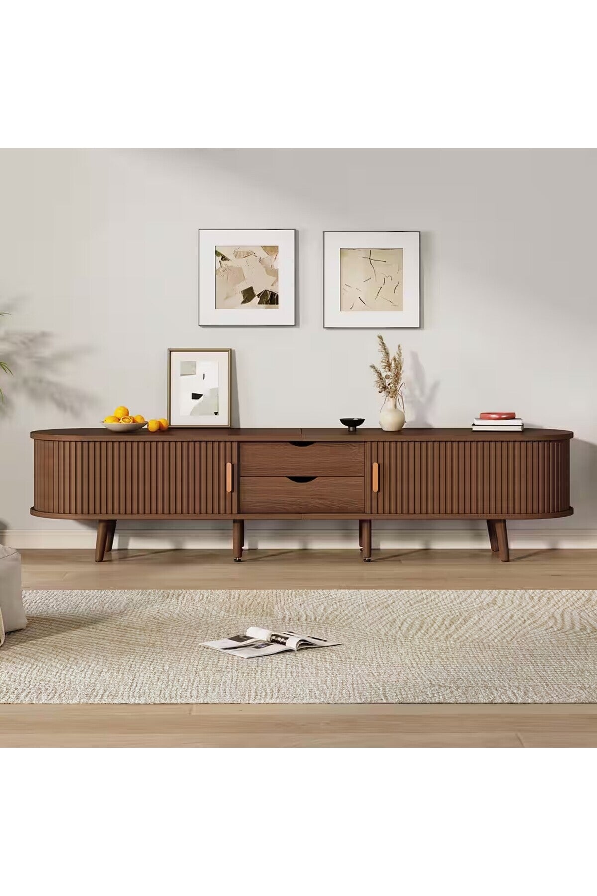 MODERN CEVİZ LAMBRI DETAYLI OVAL ORTA SEHPA VE TV ÜNİTESİ SETİ