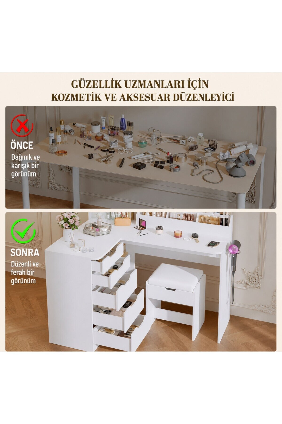 Hernest LED Aynalı Makyaj Masası ve Puf Seti, 6 Çekmeceli Raflı Düzenleyici