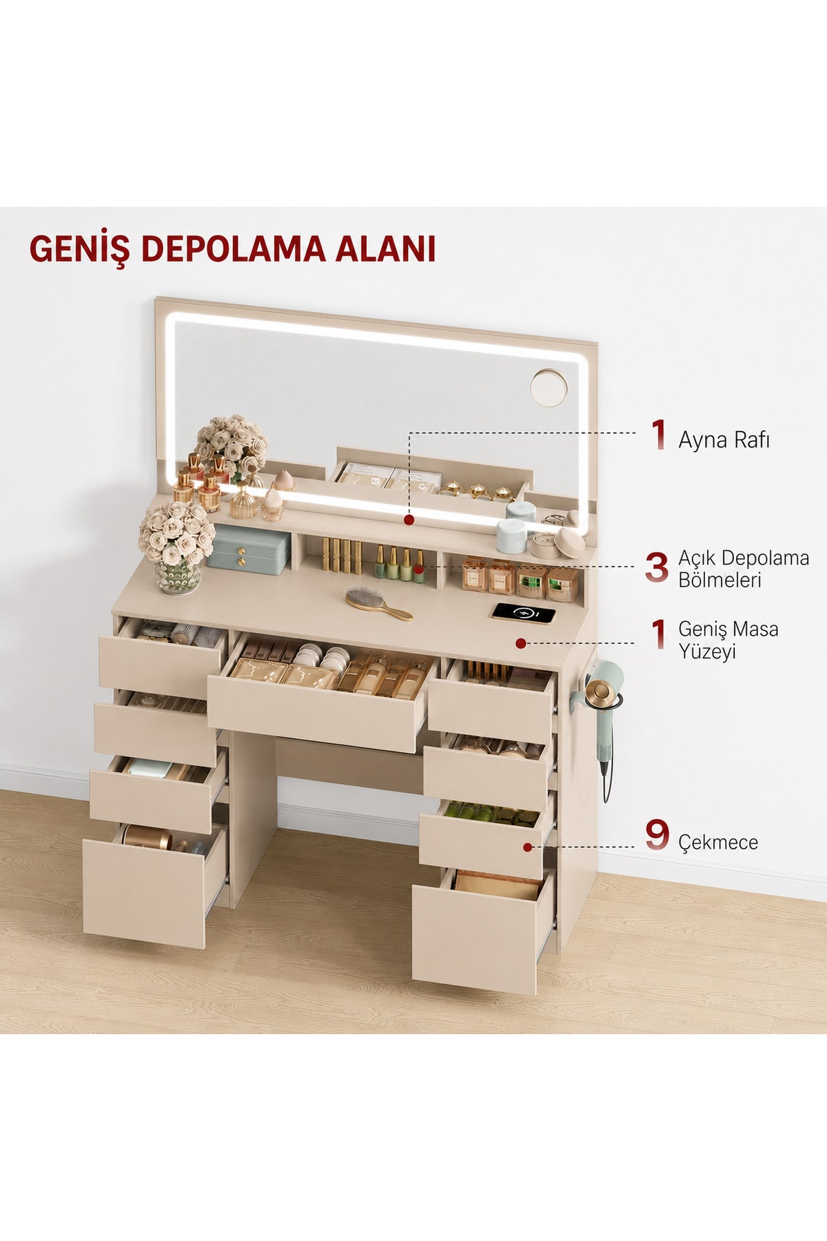 Hernest LED Işıklı Makyaj Masası Aynalı Şifonyer | 9 Çekmeceli Geniş Depolama Alanlı Modern Vanity Masa Bej 110x40x135 cm