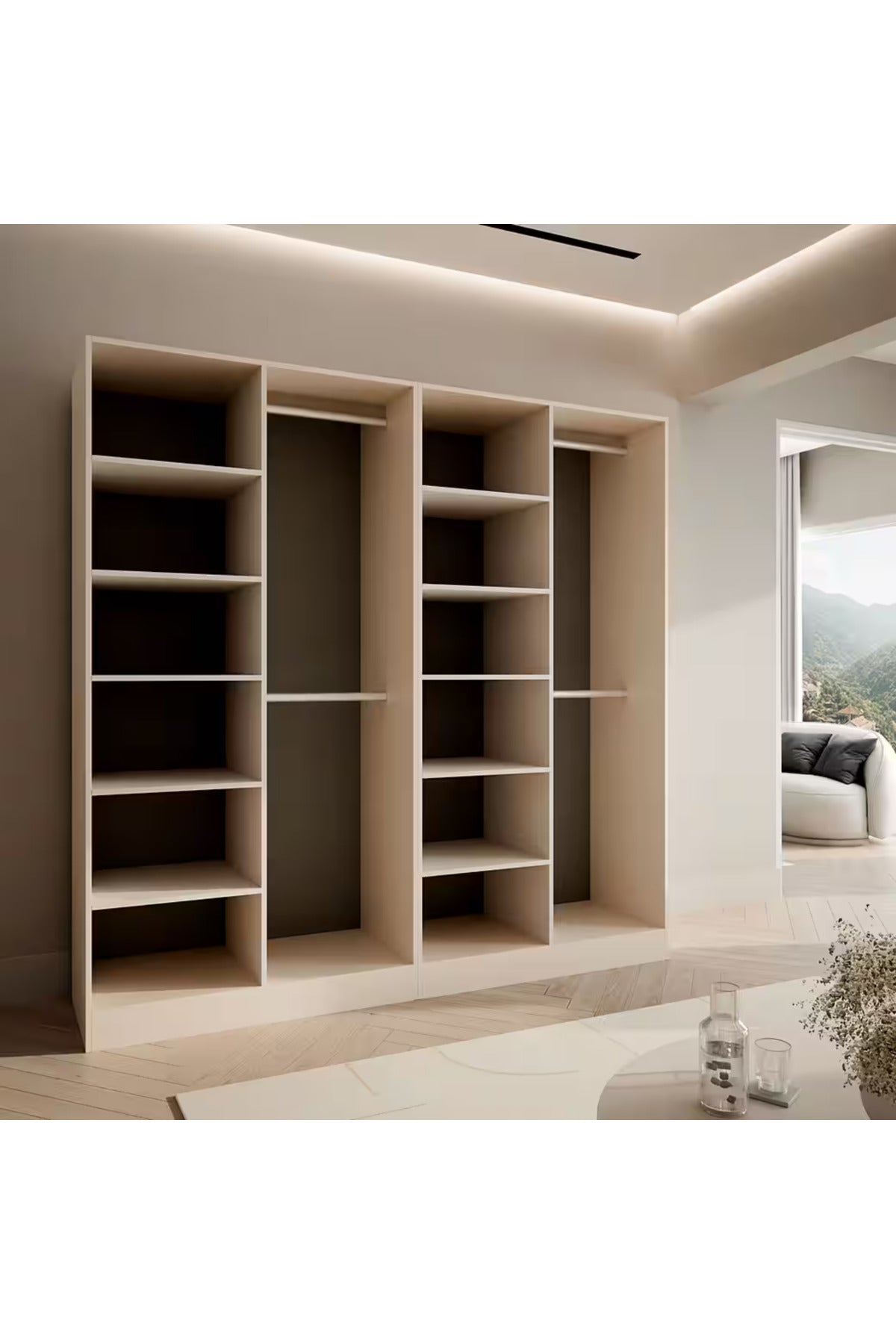 Hernest 4 Kapaklı Gardırop Modern Çok Raflı Elbise Dolabı Askılı Gardırop Bej 4 Bölmeli
