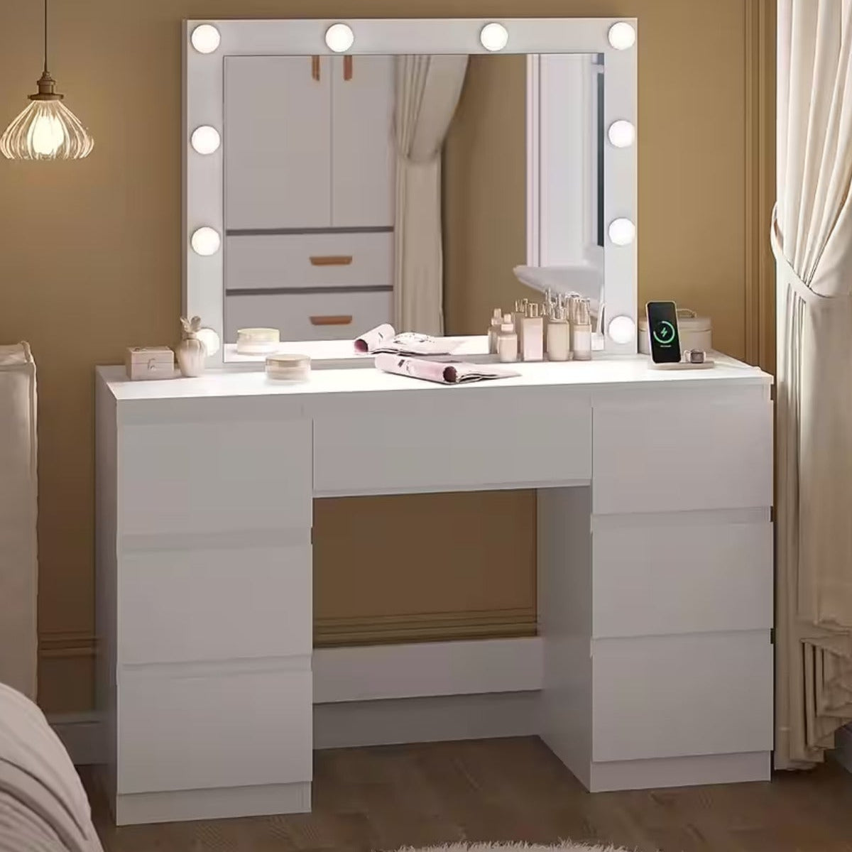 LED Işıklı Makyaj Masası Aynalı Şifonyer 7 Çekmeceli Modern Vanity Masa 110x40 cm