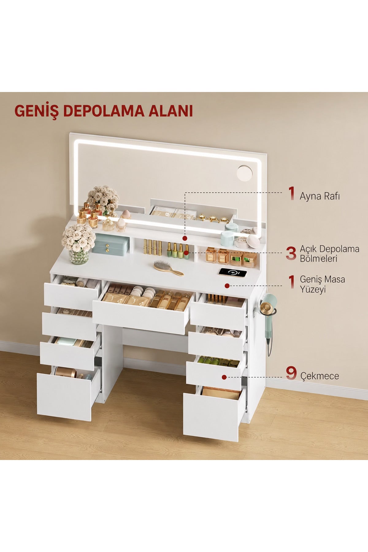 Hernest LED Işıklı Makyaj Masası Aynalı Şifonyer | 9 Çekmeceli Geniş Depolama Alanlı Modern Vanity Masa Bej 110x40x135 cm
