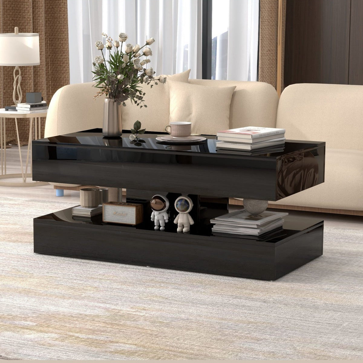Hernest A Kalite MDF Parlak Orta Sehpa Çift Raflı Modern Salon Sehpası 100x50x45 cm