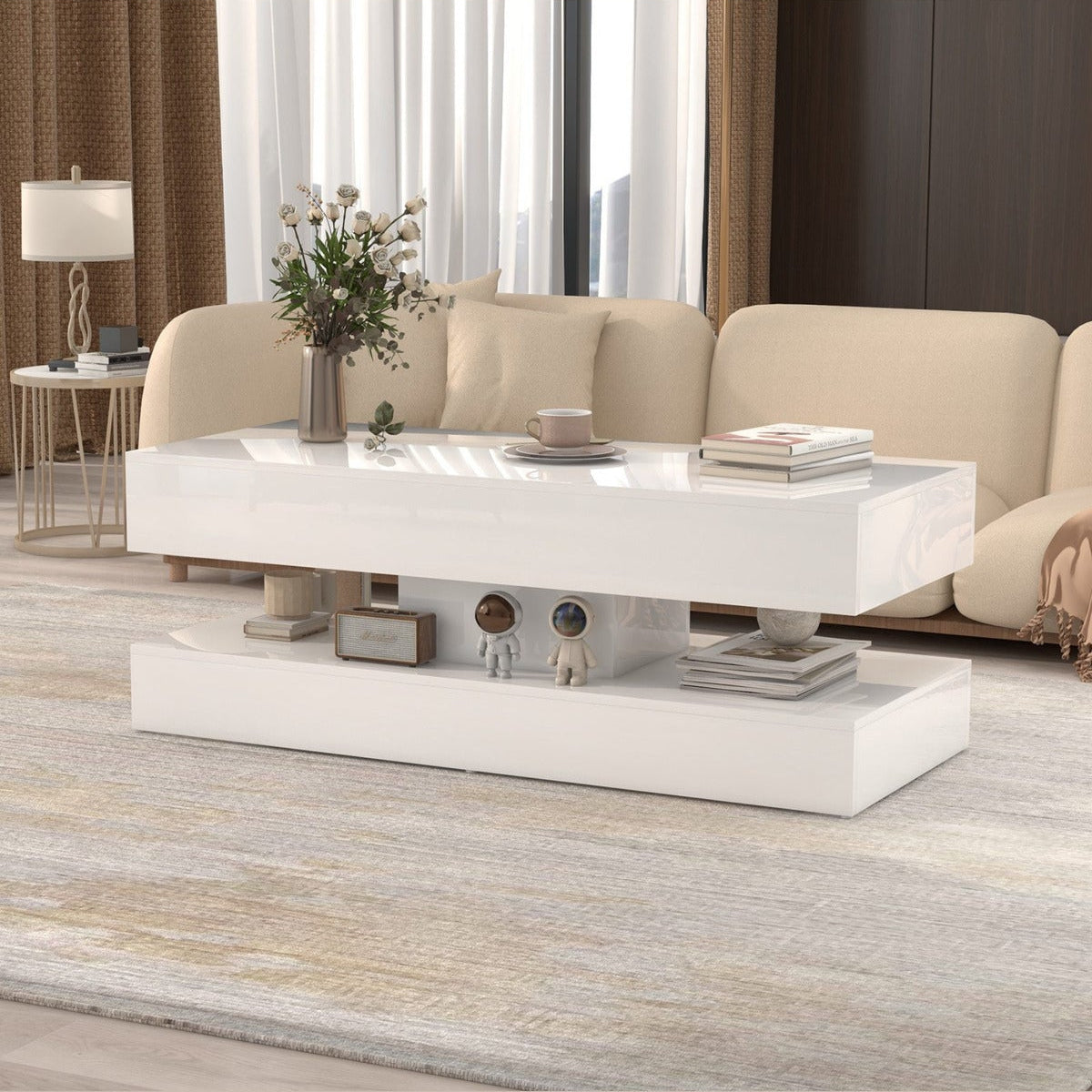 Hernest A Kalite MDF Parlak Orta Sehpa Çift Raflı Modern Salon Sehpası 100x50x45 cm
