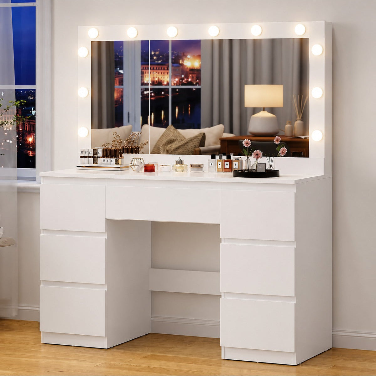 Hernest LED Işıklı Aynalı Makyaj Masası Takı Dolaplı 7 Çekmeceli Modern Şifonyer Beyaz 120 cm