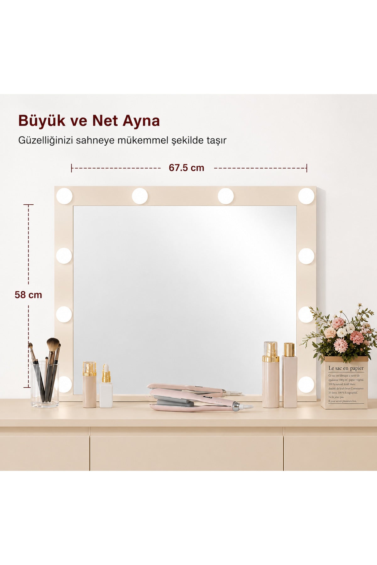 LED Işıklı Makyaj Masası Aynalı Şifonyer 7 Çekmeceli Modern Vanity Masa 110x40 cm