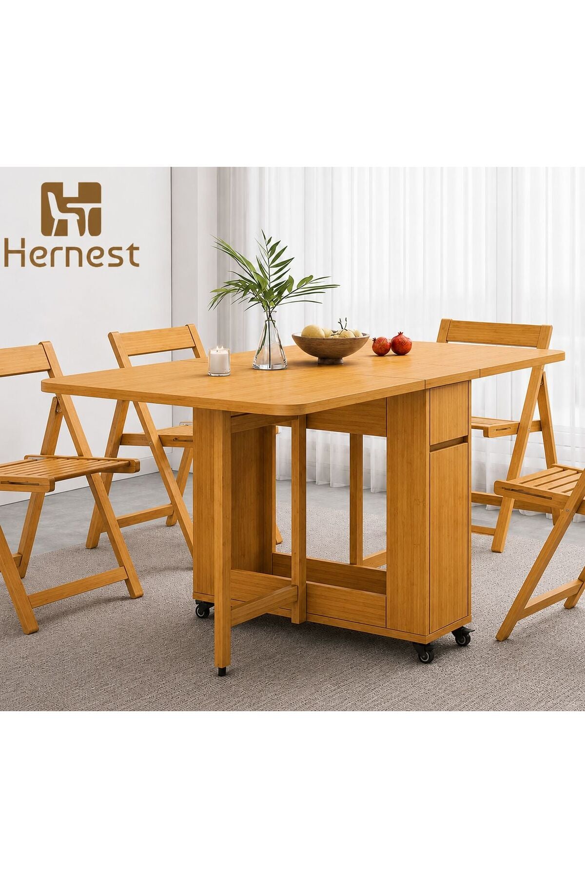 Hernest UZATILABİLİR YEMEK MASASI BAMBU RENK SETİ