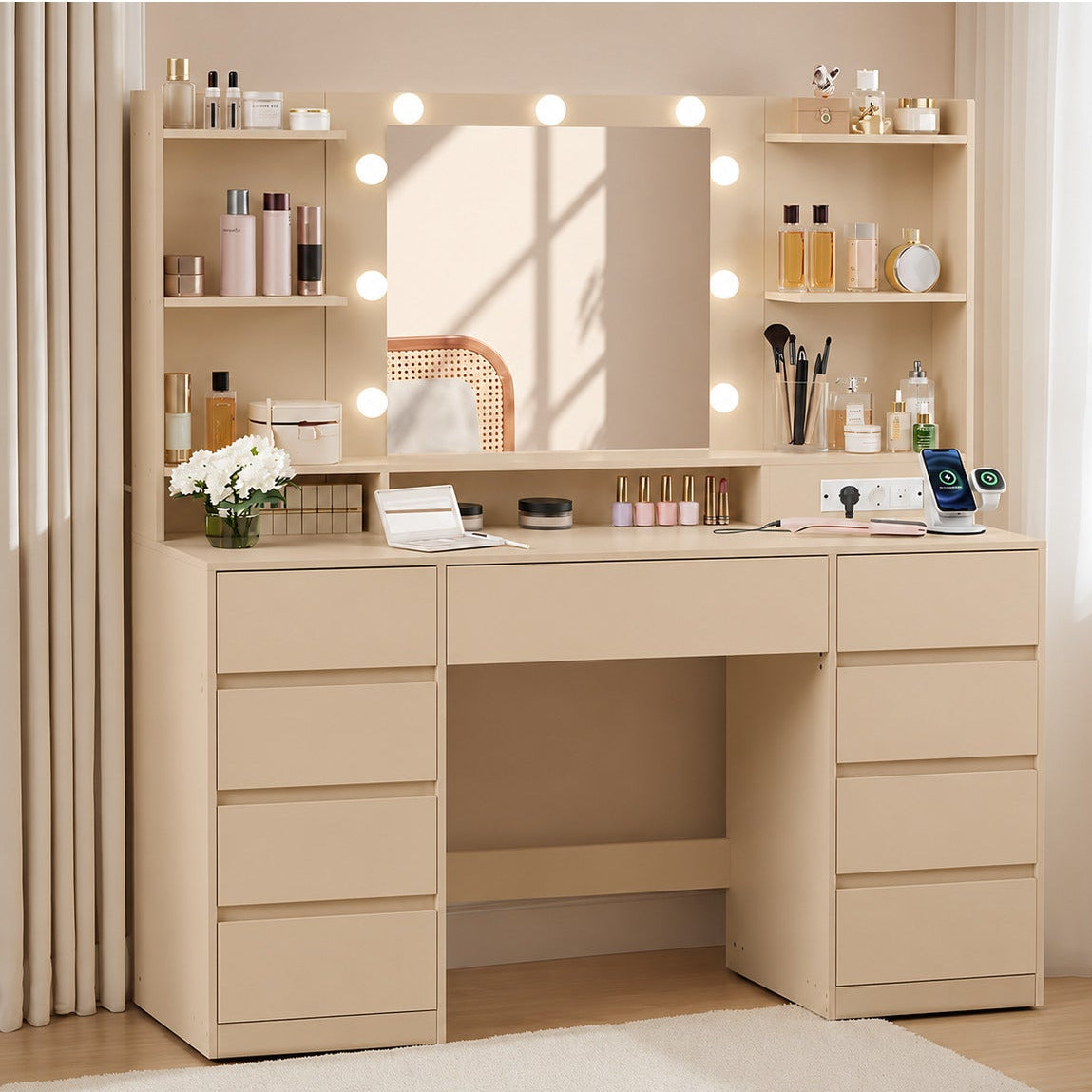 Hernest LED Işıklı Aynalı Makyaj Masası 9 Çekmeceli Raflı Şifonyer Modern Vanity Masa Bej 107x40 cm - Bej
