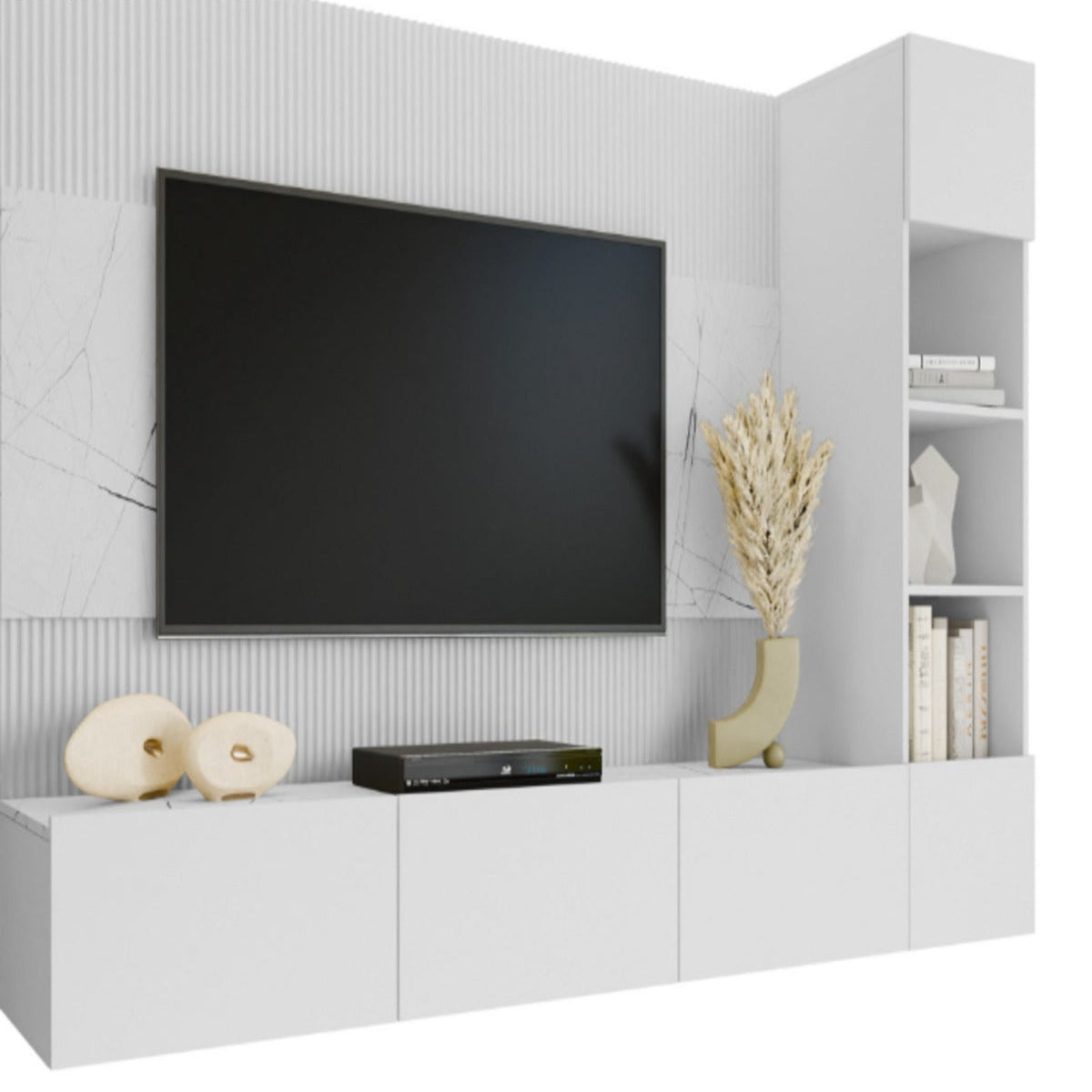 Hernest A KALİTE 220 CM MODERN TV ÜNİTESİ BEYAZ MERMER DESEN PUSH TO OPEN DUVAR RAFLI ŞIK TASARIM