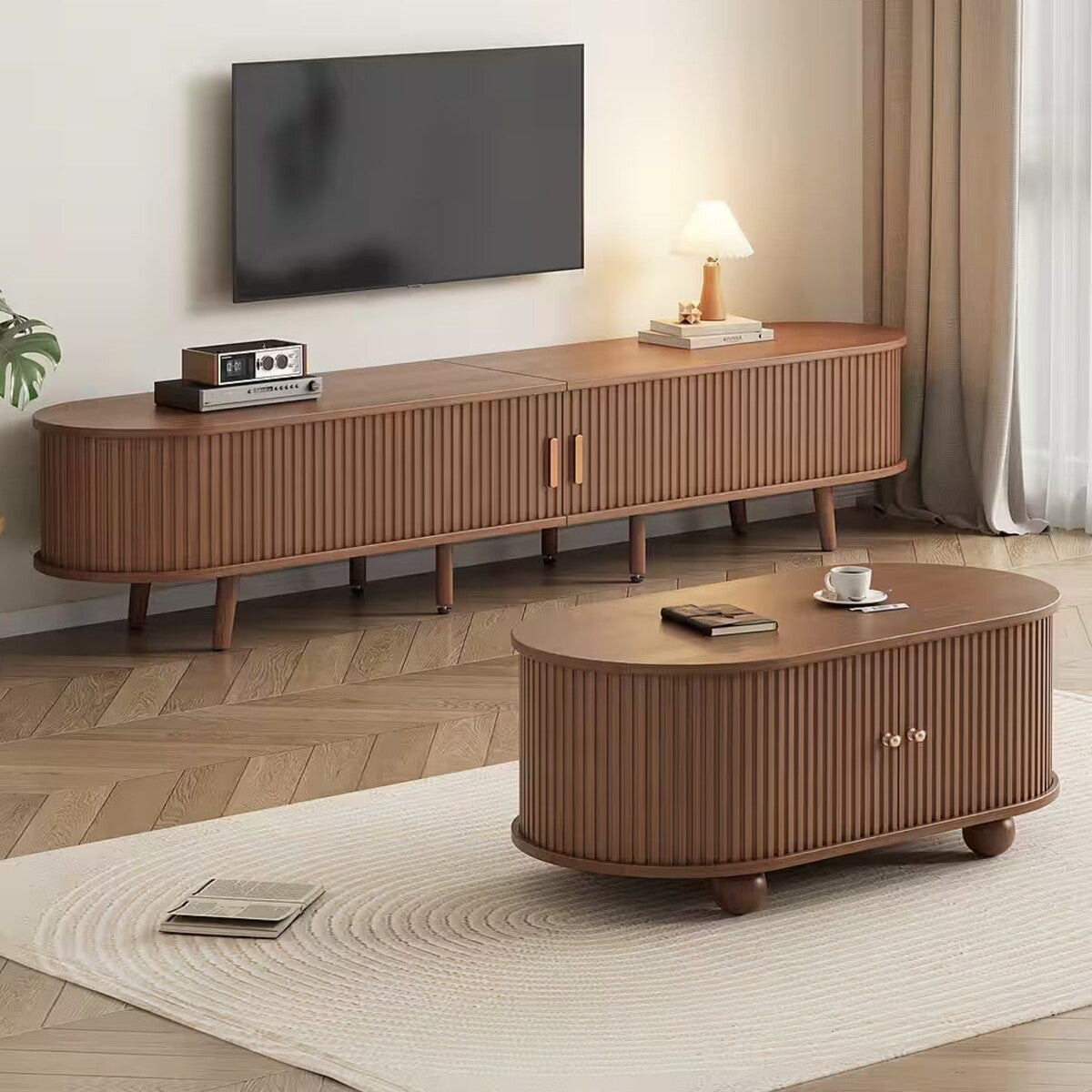MODERN CEVİZ LAMBRI DETAYLI OVAL ORTA SEHPA VE TV ÜNİTESİ SETİ
