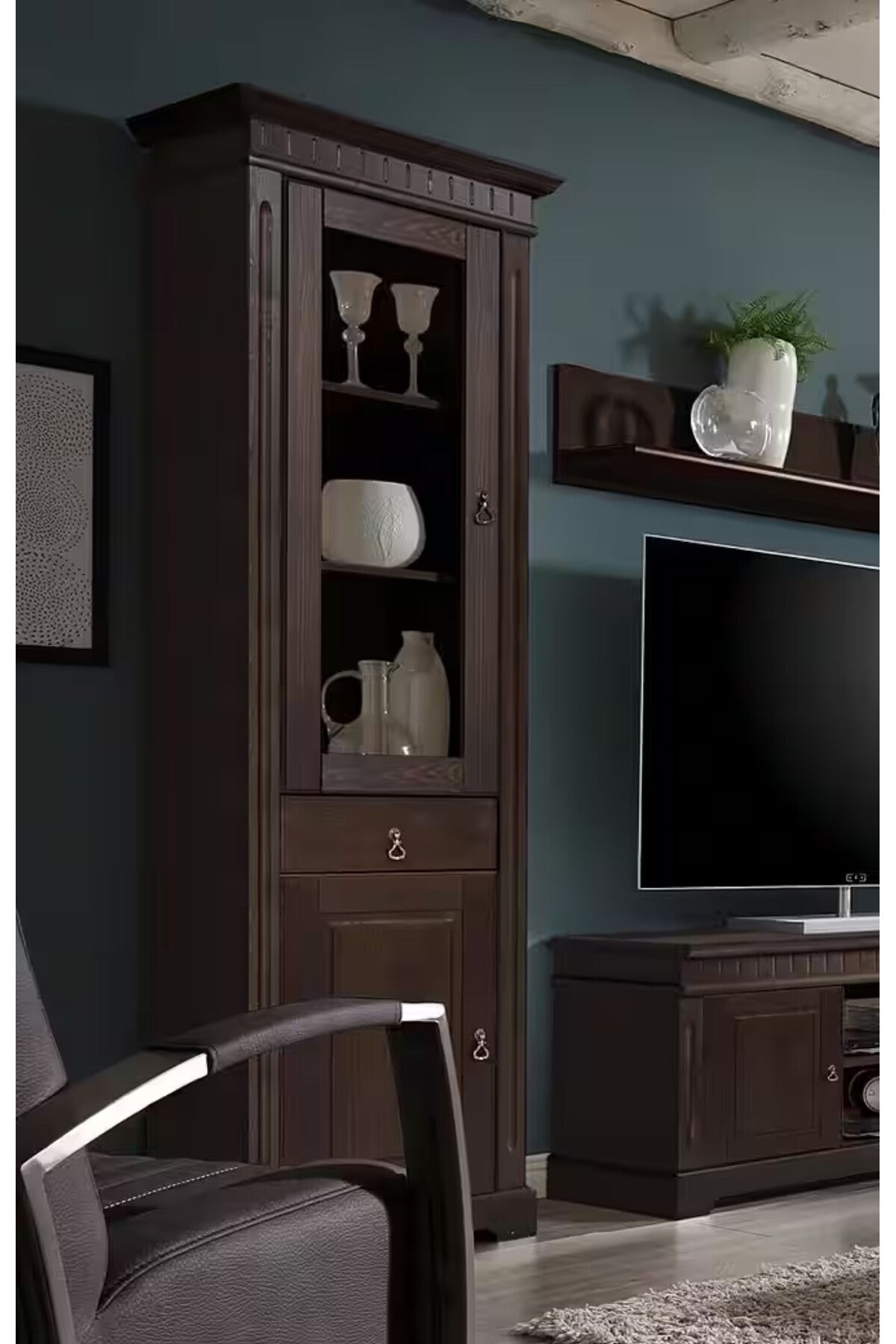 KLASIK AVANGART KOYU CEVIZ TV ÜNITESI SETI - 2 ADET CAMLI VITRIN VE DUVAR RAFLI KOMPLE SALON TAKIMI