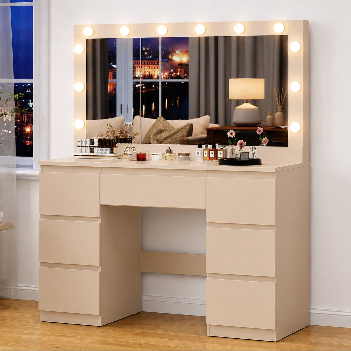 Hernest LED Işıklı Aynalı Makyaj Masası Takı Dolaplı 7 Çekmeceli Modern Şifonyer Beyaz 120 cm - Bej