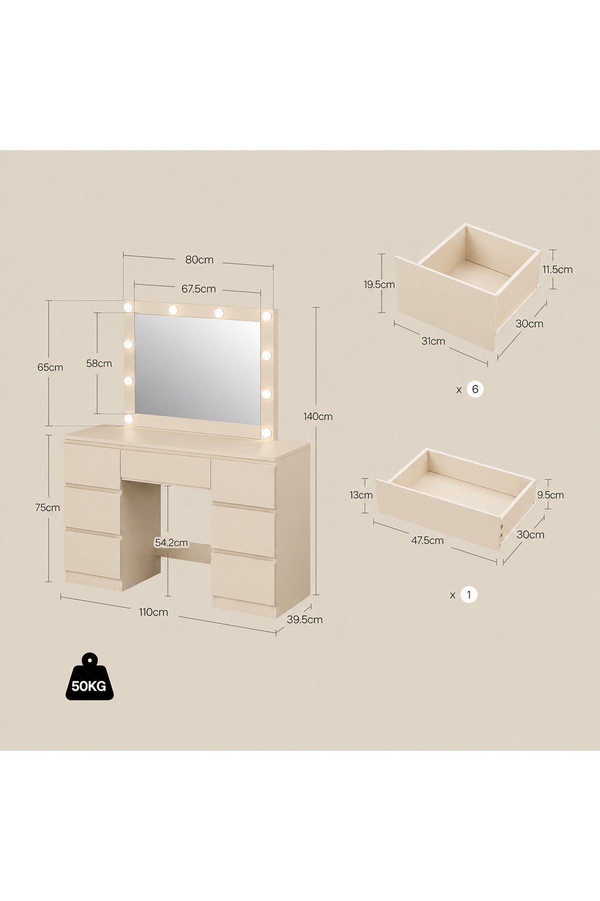 LED Işıklı Makyaj Masası Aynalı Şifonyer 7 Çekmeceli Modern Vanity Masa 110x40 cm