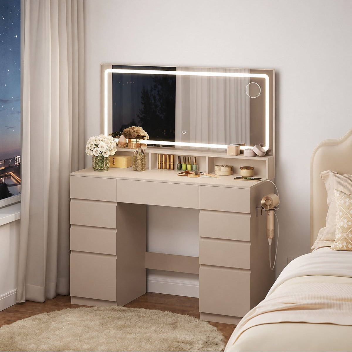 Hernest LED Işıklı Makyaj Masası Aynalı Şifonyer | 9 Çekmeceli Geniş Depolama Alanlı Modern Vanity Masa Bej 110x40x135 cm - Bej