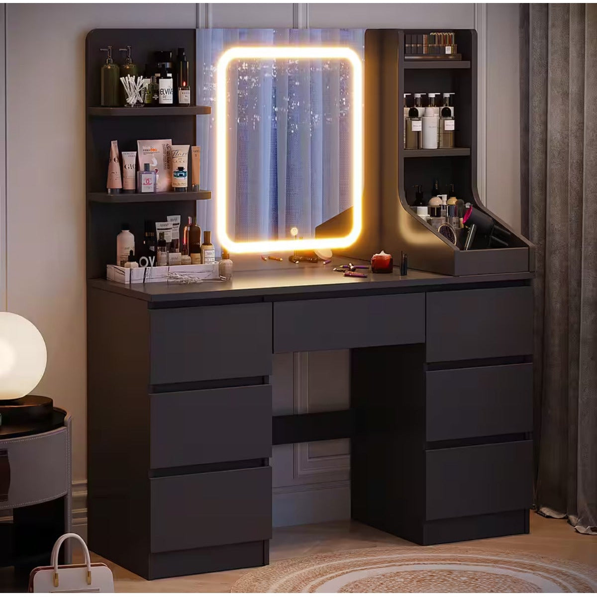 Hernest Bej LED Aynalı Makyaj Masası 110 cm – 7 Çekmeceli, Raflı ve Geniş Depolamalı Şifonyer