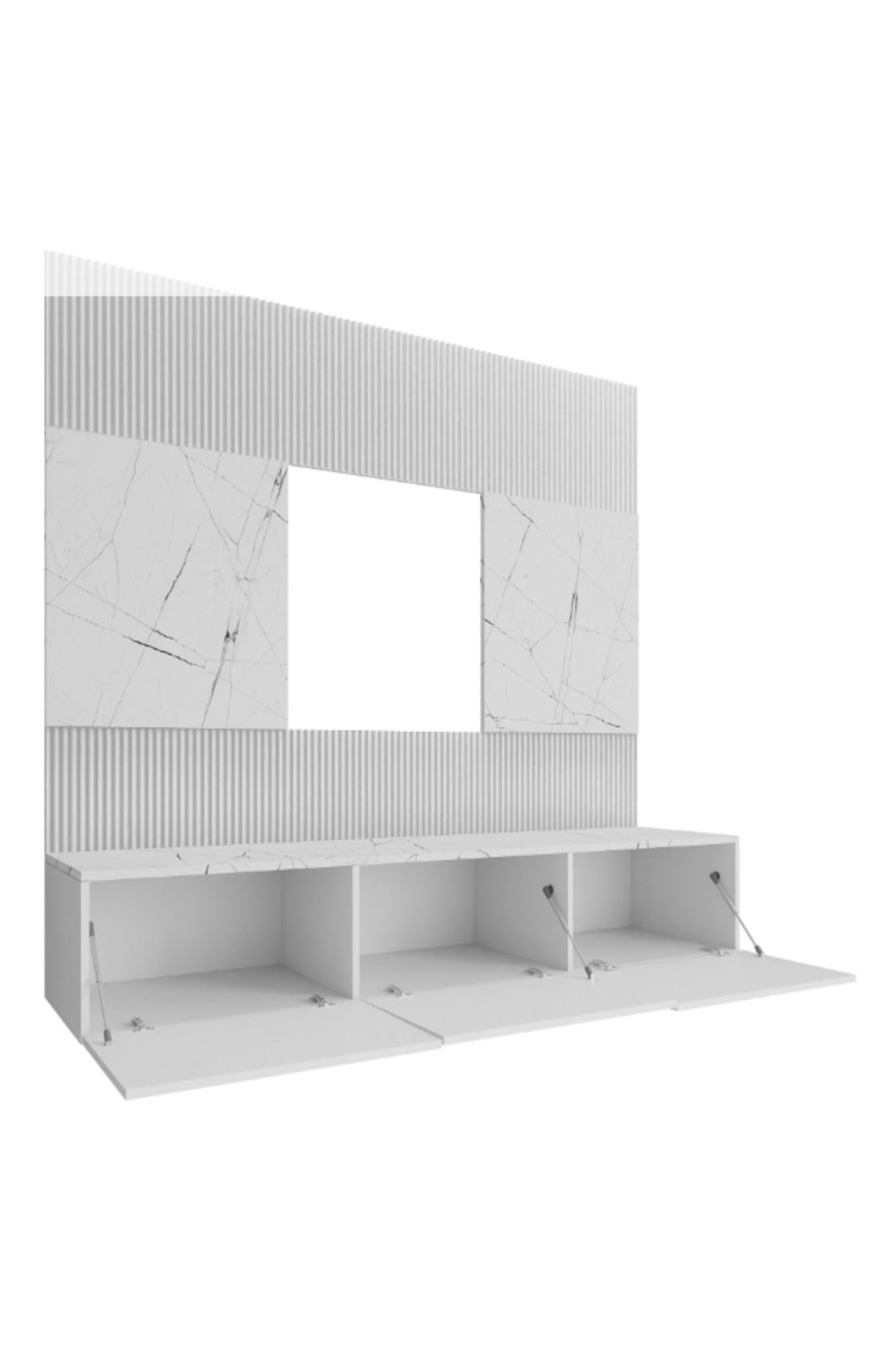 Hernest A KALİTE 220 CM MODERN TV ÜNİTESİ BEYAZ MERMER DESEN PUSH TO OPEN DUVAR RAFLI ŞIK TASARIM