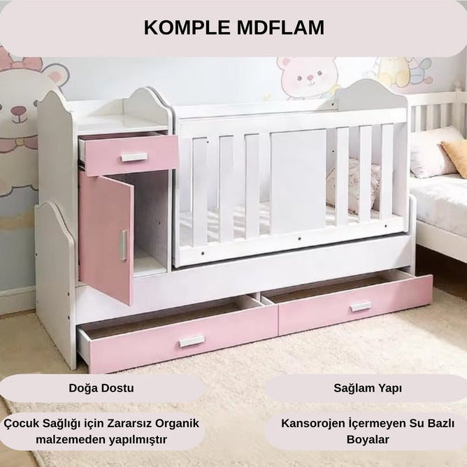 Hernest Çekmeceli MDF Bebek Yatağı Yan Yatışlı Bebek Beşiği Yeni Doğan Bebek Yatağı