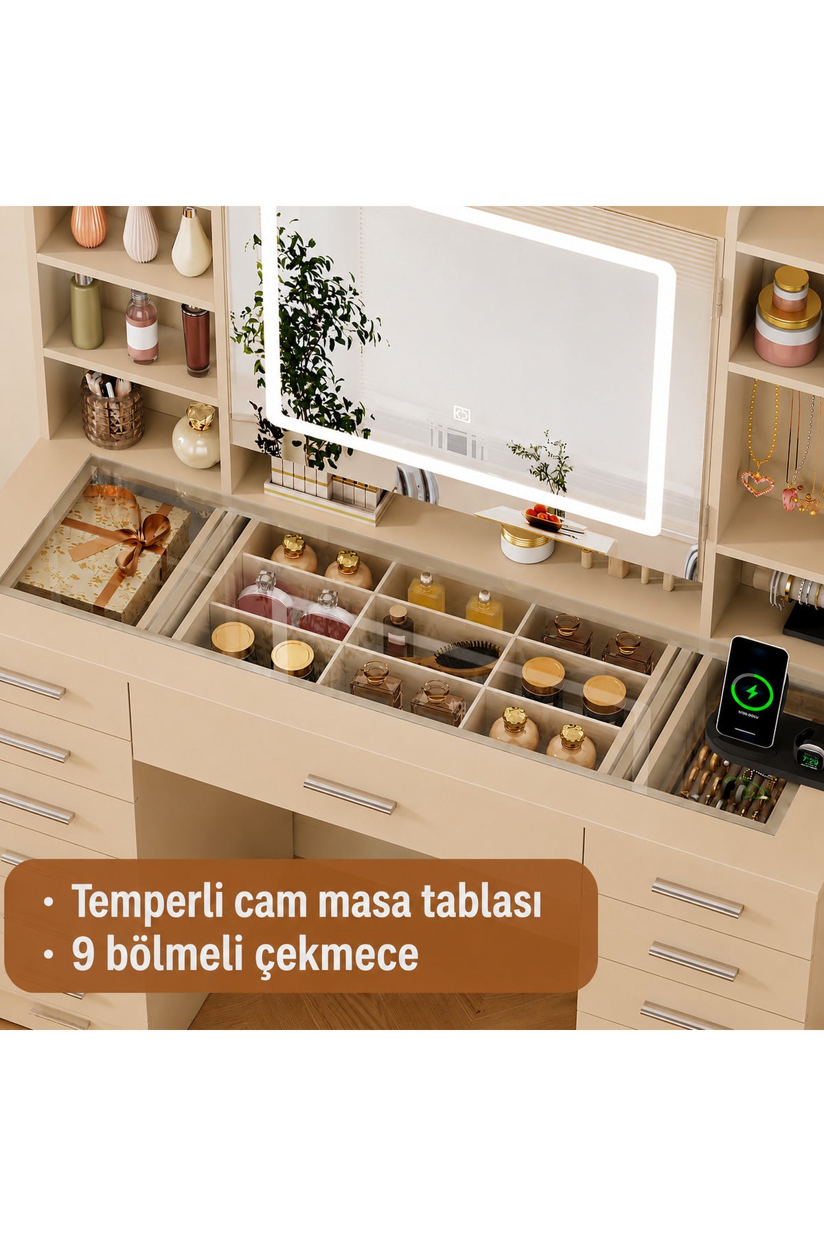 Hernest LED Işıklı Aynalı Makyaj Masası Temperli Cam Üst Tabla Takı Organizerli 9 Bölmeli Şifonyer