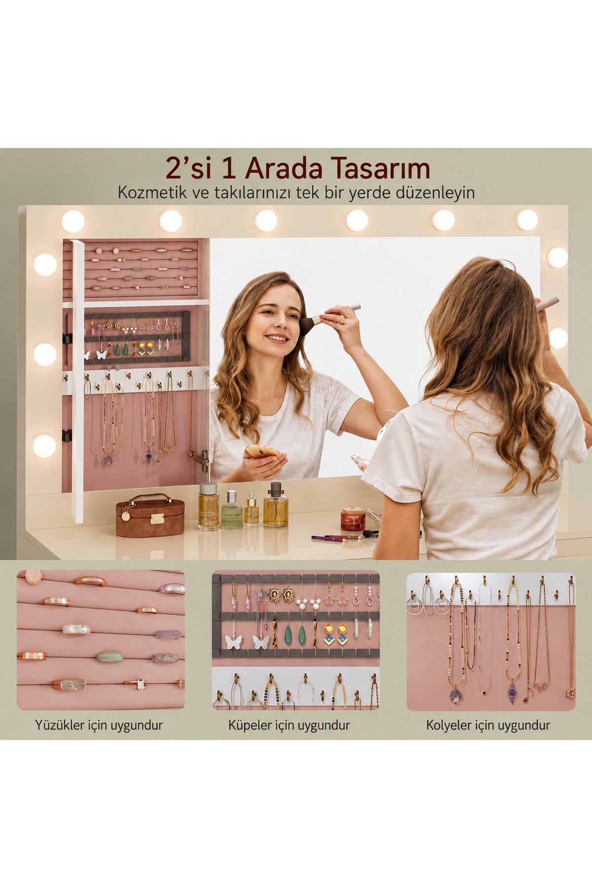 Hernest LED Işıklı Aynalı Makyaj Masası Takı Dolaplı 7 Çekmeceli Modern Şifonyer Beyaz 120 cm
