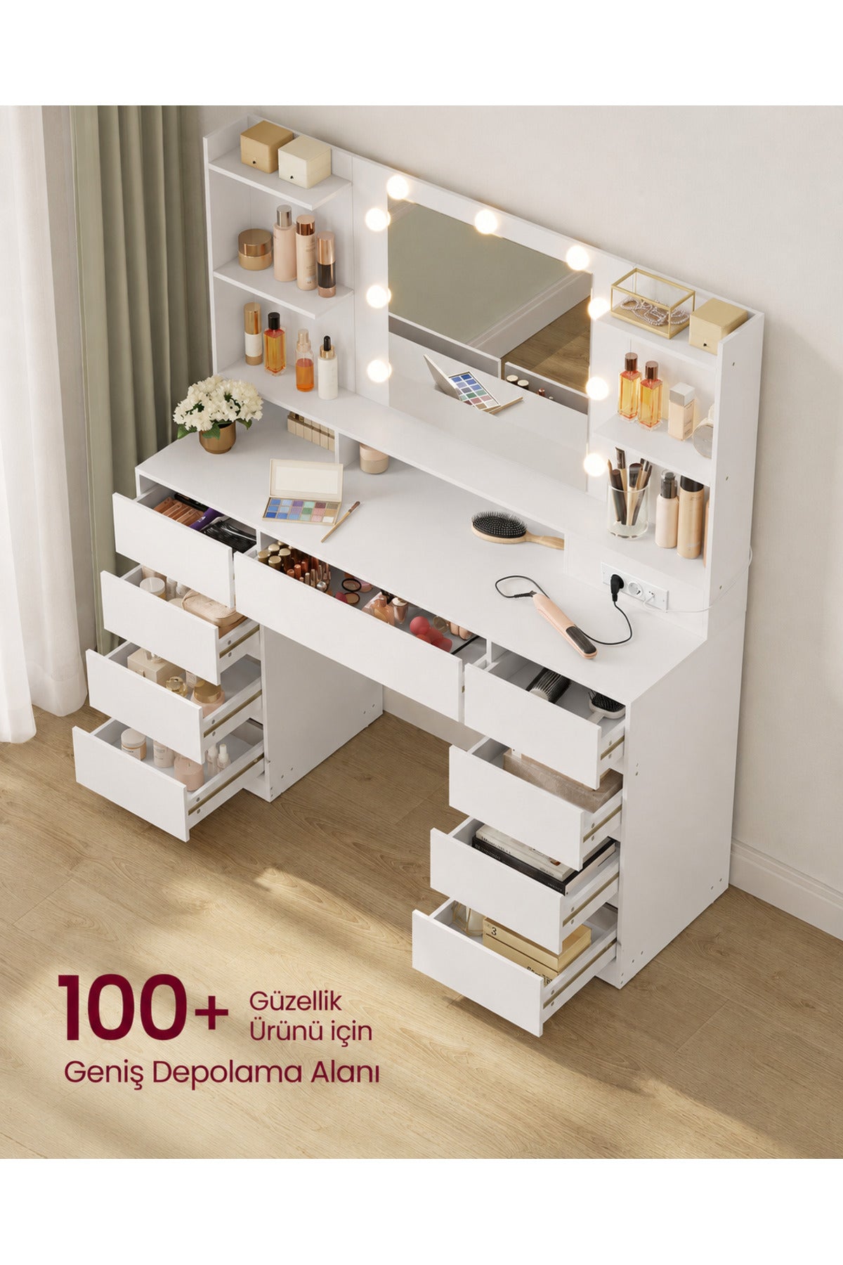 Hernest LED Işıklı Aynalı Makyaj Masası 9 Çekmeceli Raflı Şifonyer Modern Vanity Masa Bej 107x40 cm
