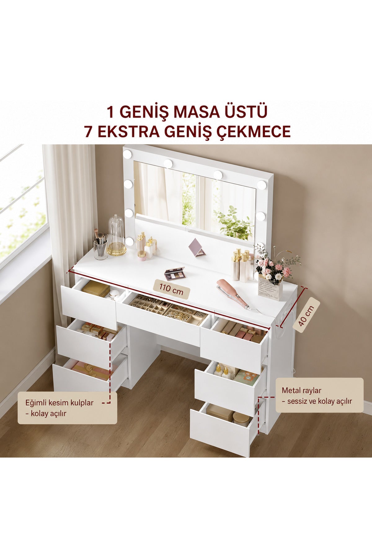 LED Işıklı Makyaj Masası Aynalı Şifonyer 7 Çekmeceli Modern Vanity Masa 110x40 cm