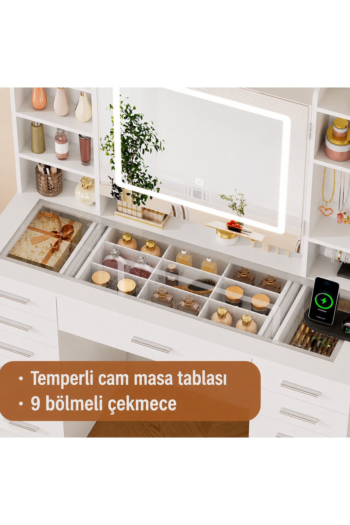 Hernest LED Işıklı Aynalı Makyaj Masası Temperli Cam Üst Tabla Takı Organizerli 9 Bölmeli Şifonyer