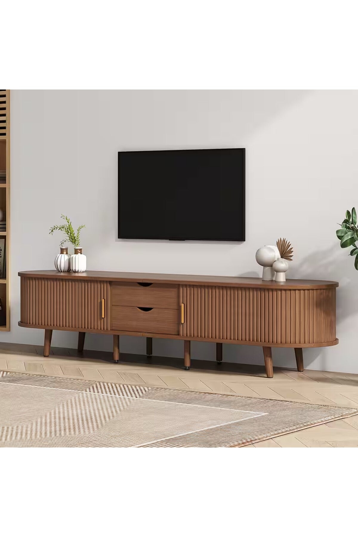 MODERN CEVİZ LAMBRI DETAYLI OVAL ORTA SEHPA VE TV ÜNİTESİ SETİ