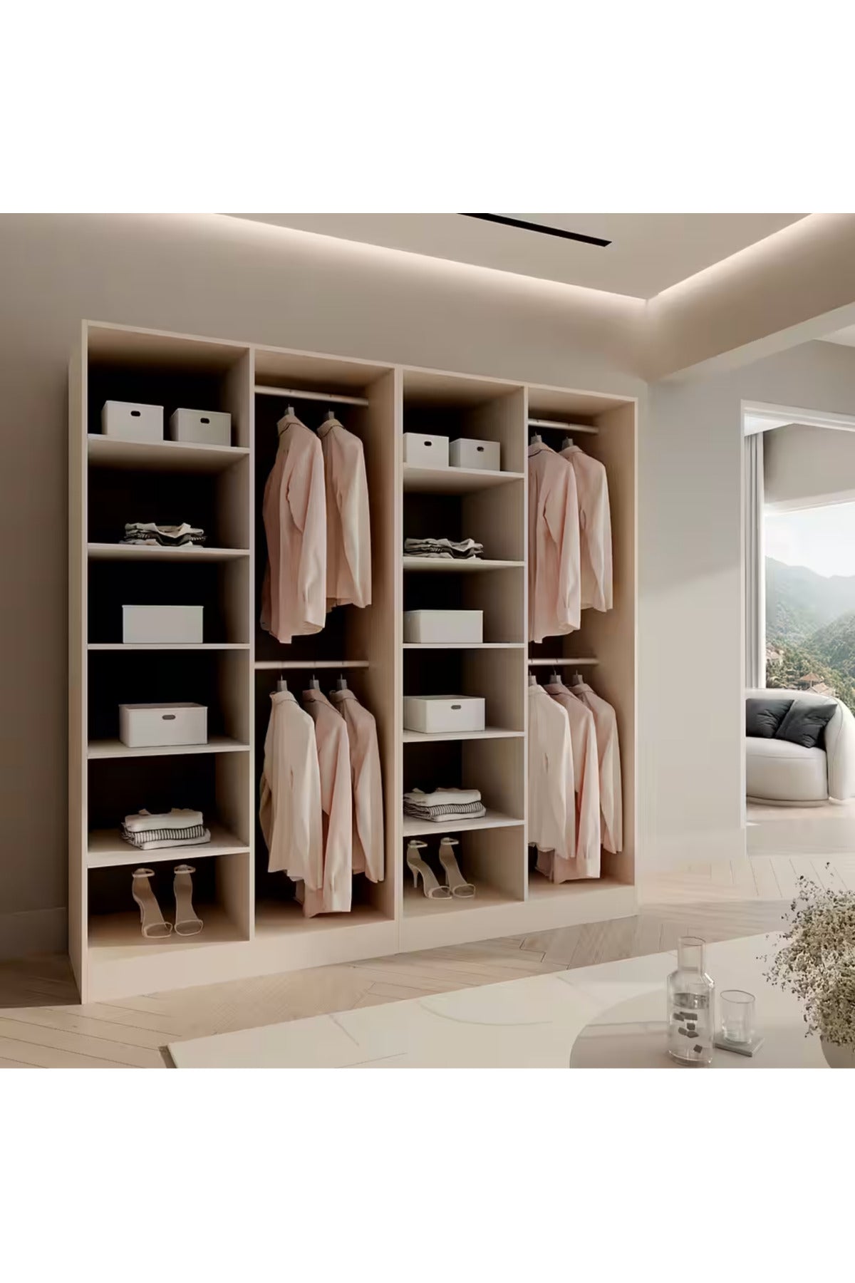 Hernest 4 Kapaklı Gardırop Modern Çok Raflı Elbise Dolabı Askılı Gardırop Bej 4 Bölmeli