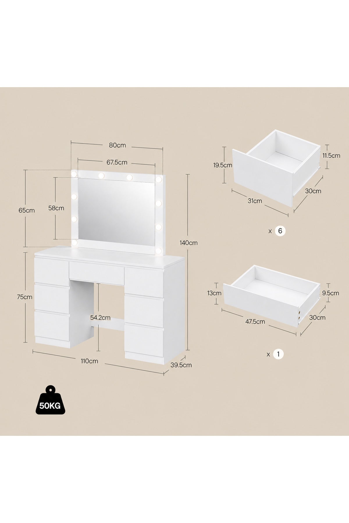 LED Işıklı Makyaj Masası Aynalı Şifonyer 7 Çekmeceli Modern Vanity Masa 110x40 cm